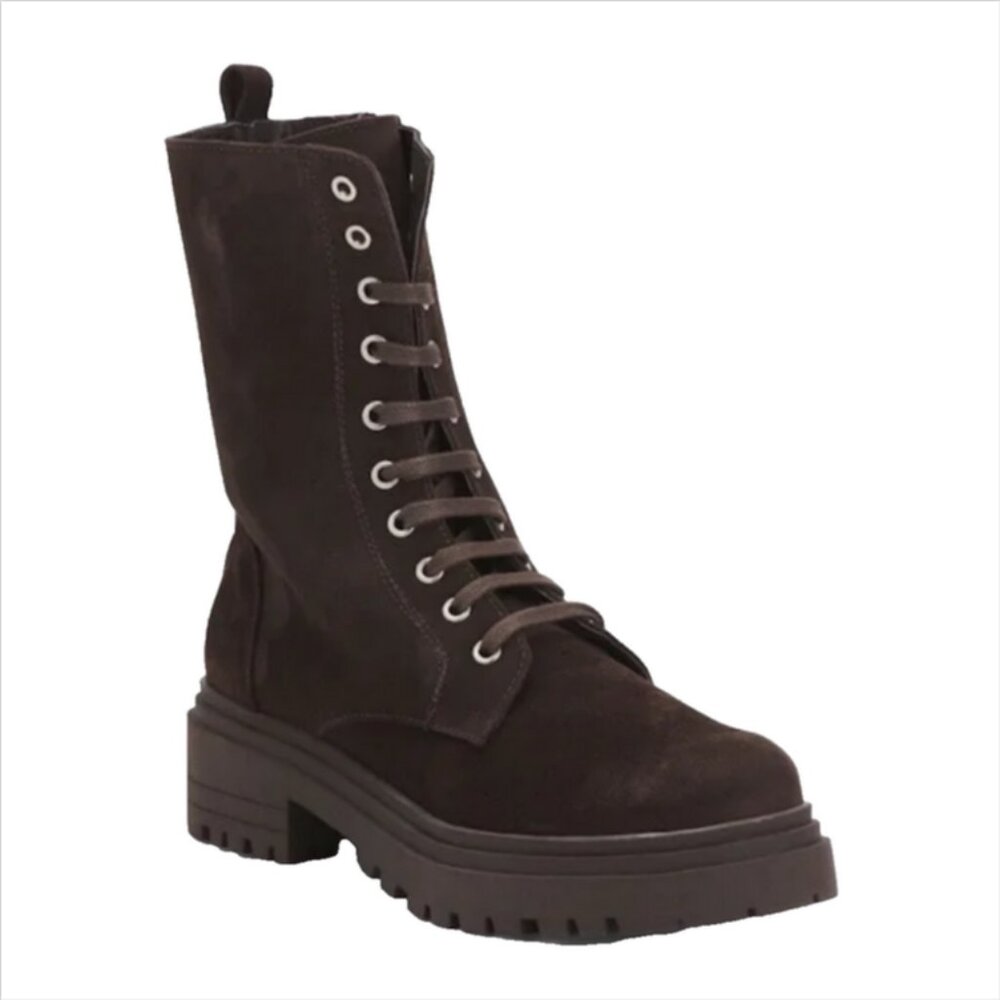 NWOB Helene Rouge Brown Suede Military Combat Lace Up Ankle Boots